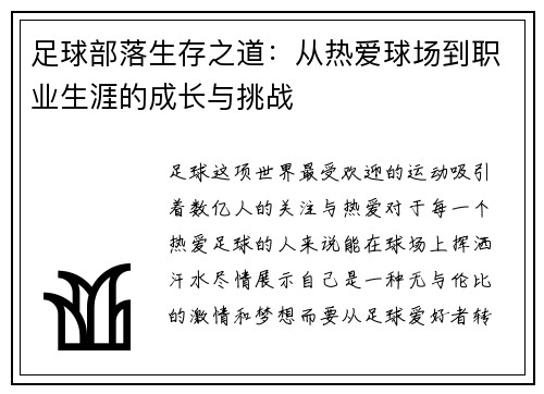足球部落生存之道：从热爱球场到职业生涯的成长与挑战
